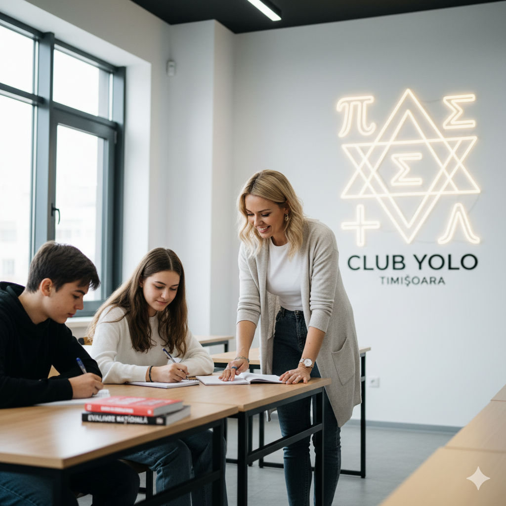 Profesor de la Club Yolo Timișoara lucrând cu un grup mic de elevi la meditații